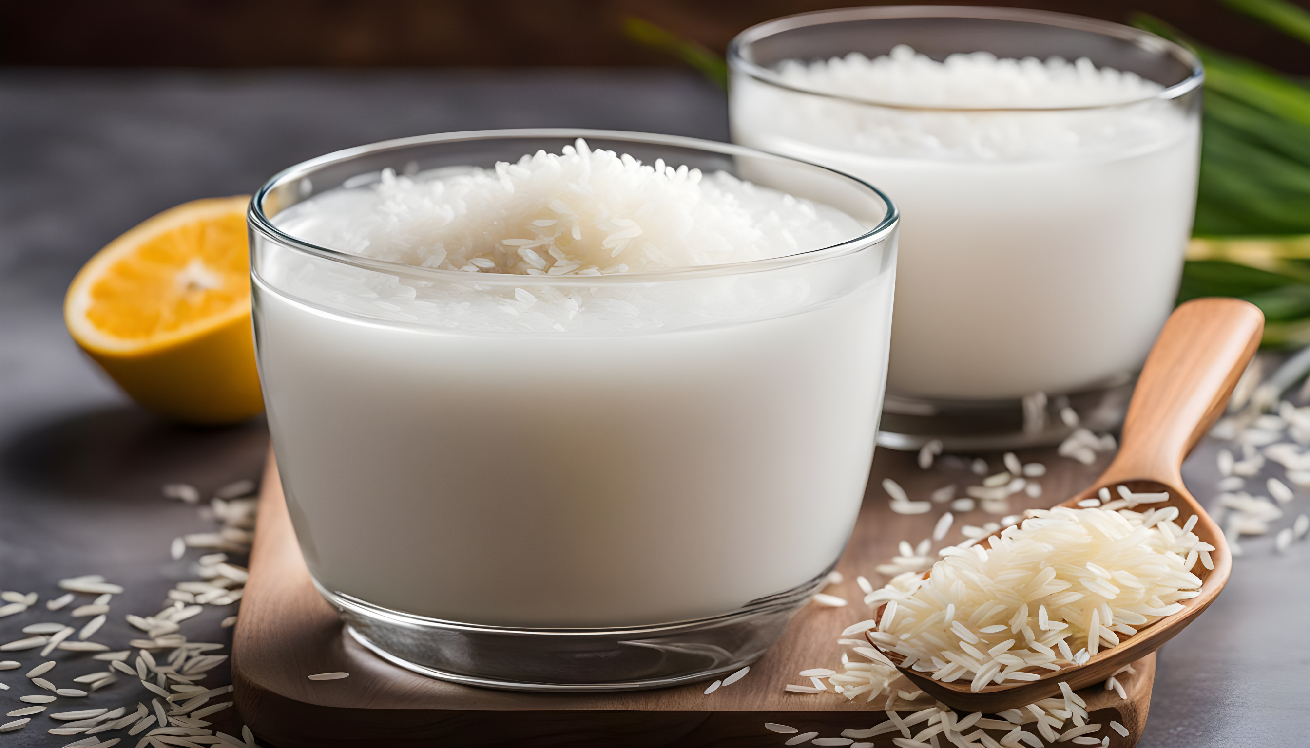 Rice water in a glass bowl for its applications