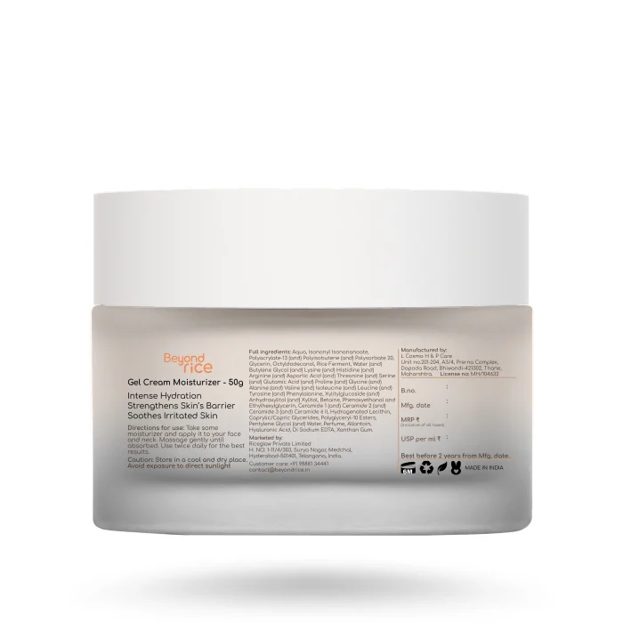 Back label for rice beramide gel cream moisturizer by beyond rice