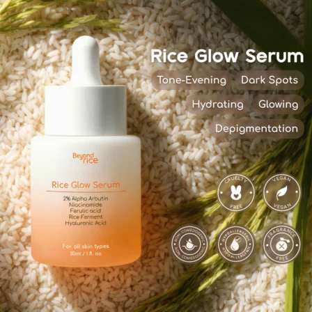 rice glow serum benefits of rice, alpha arbutin, niacinamide, and hyaluronic acid